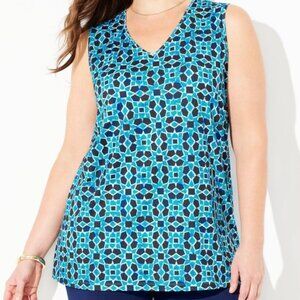 Catherines Anywear Jade/Navy Geometric Print V-neck Sleeveless Tank Top -NWT-4X
